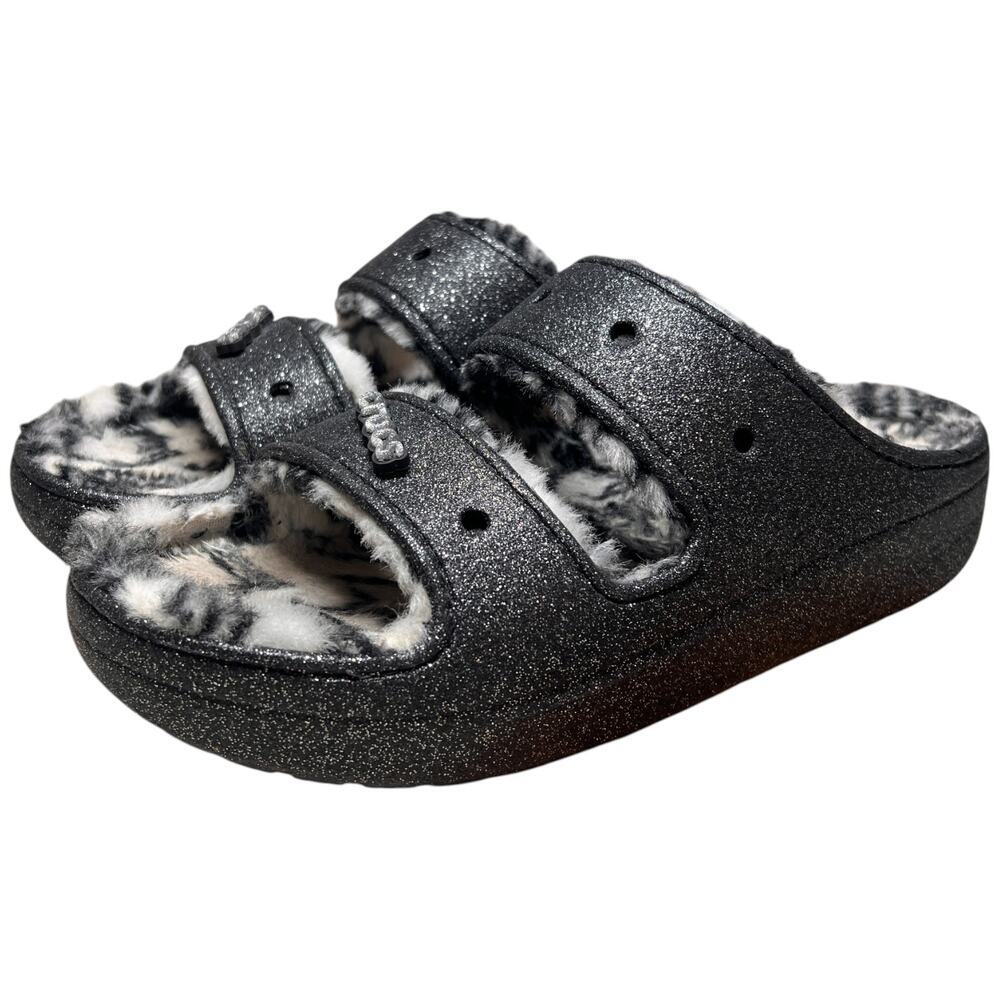 CROCS Classic Cozzzy Disco Glitter Sandal Men 13 Comfort Zebra Fur Lining 208074 - Picture 2 of 15